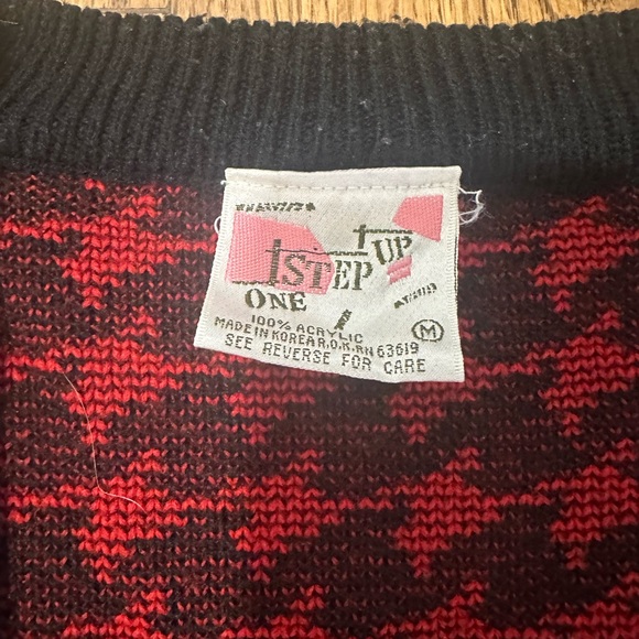 Vintage One Step Up Acrylic Button Up Red & Black Houndstooth Cardigan Sweater - Picture 2 of 4